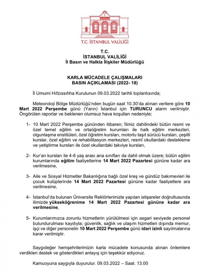 İstanbul 10 Mart Perşembe okullar tatil edildi mi? Valilik açıkladı