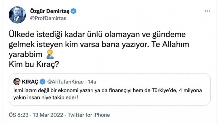 Özgür Demirtaş ile Kıraç arasında 'takipçi' kavgası