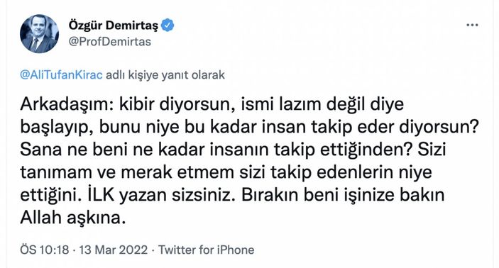 Özgür Demirtaş ile Kıraç arasında 'takipçi' kavgası