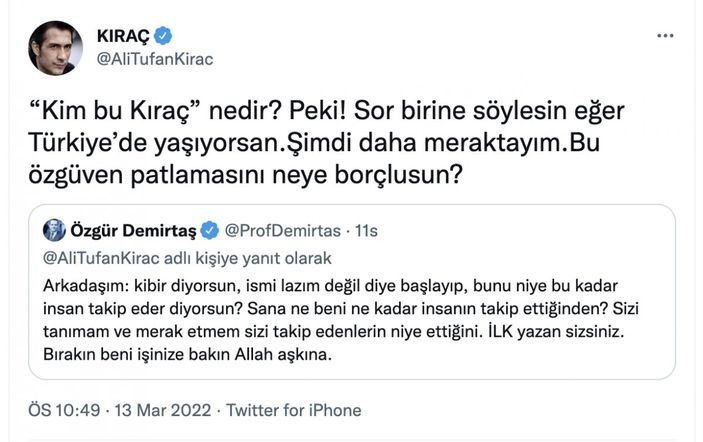 Özgür Demirtaş ile Kıraç arasında 'takipçi' kavgası