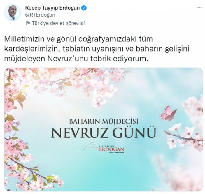 Cumhurbaşkanı Erdoğan'dan Nevruz Bayramı mesajı