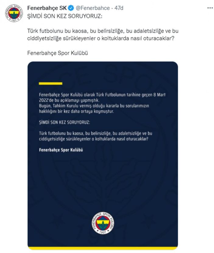 Fenerbahçe'den tahkim kurulu kararına ilişkin açıklama