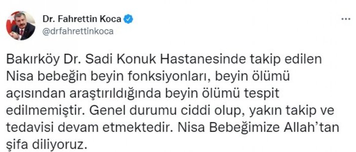 Nisa bebekle ilgili hastaneden açıklama: Beyin ölümü tespit edilmedi