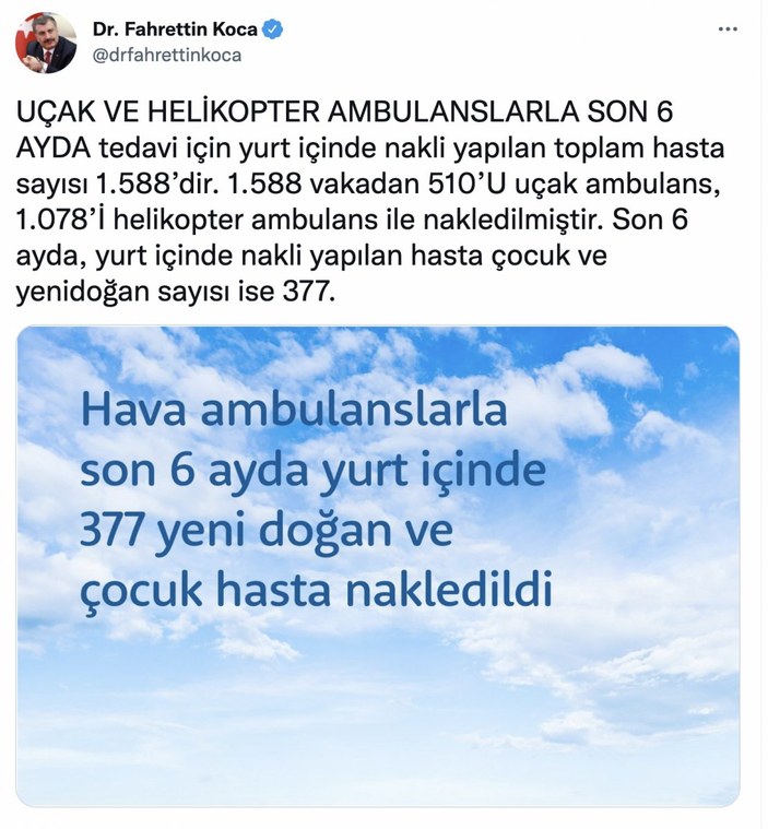 Fahrettin Koca: 1588 hastanın nakli uçak ve helikopterle yapıldı