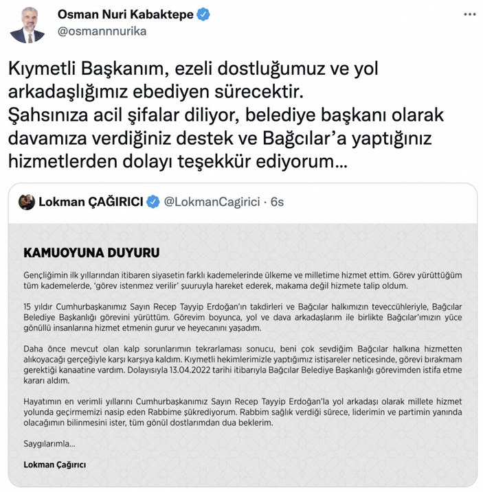 Bağcılar Belediye Başkanı Çağırıcı, görevinden istifa etti