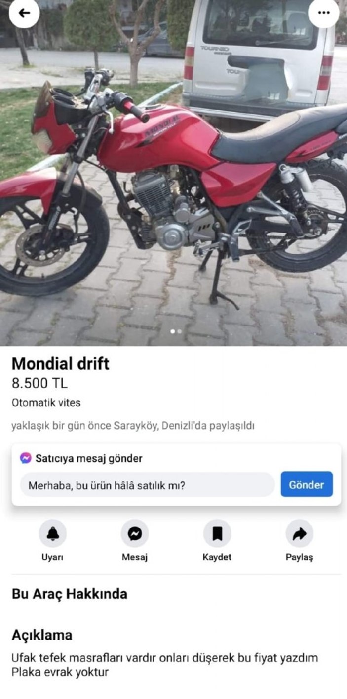 Denizli'de çalıntı motoru ilana koyan hırsızların notu şaşkına çevirdi