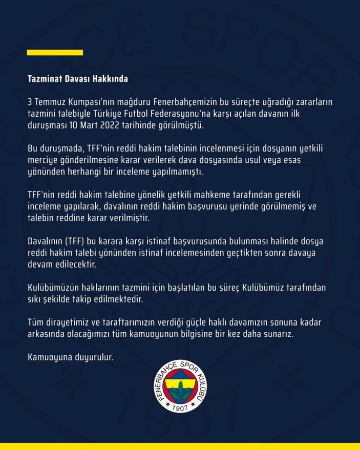 Fenerbahçe'den TFF'ye açılan dava hakkında açıklama