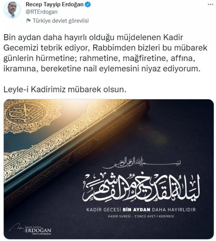 Cumhurbaşkanı Erdoğan'dan Kadir Gecesi mesajı