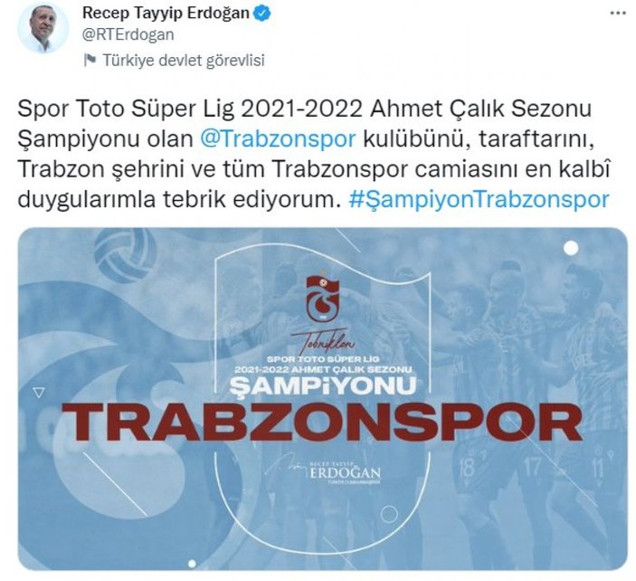 Cumhurbaşkanı Erdoğan'dan Trabzonspor'a tebrik