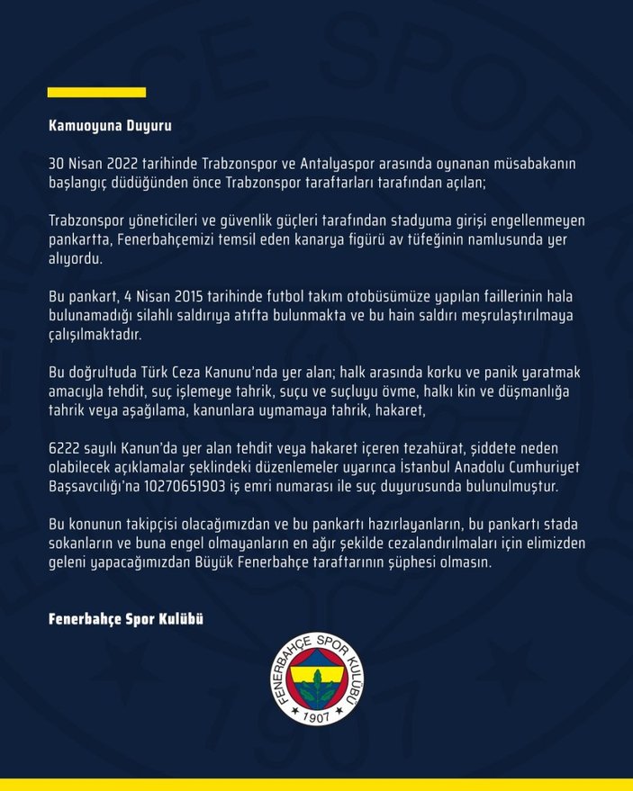 Fenerbahçe'den Trabzonspor'a suç duyurusu