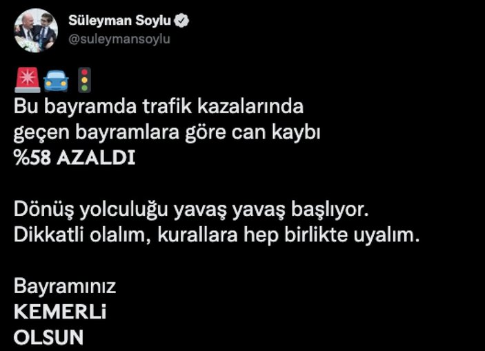 Süleyman Soylu: Bayramdaki trafik kazalarında can kaybı yüzde 58 azaldı