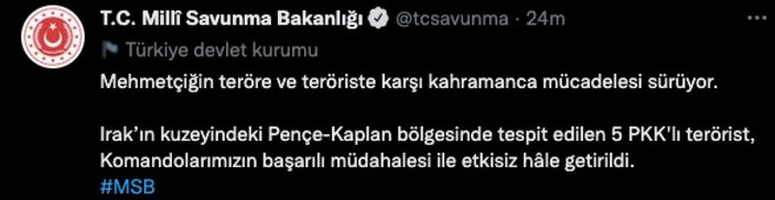 Pençe-Kaplan Opersayonu'nda 5 PKK'lı terörist daha öldürüldü