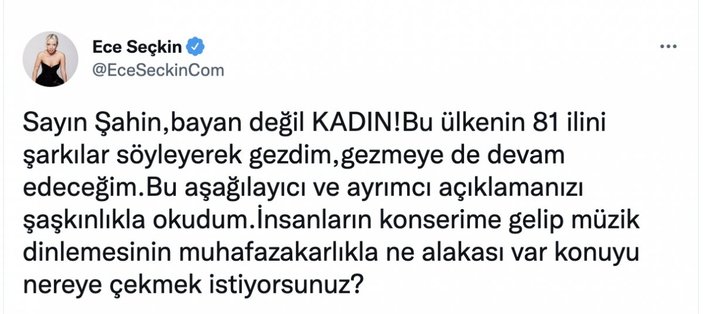 Ece Seçkin'den sahne almasını eleştiren belediye başkanına tepki