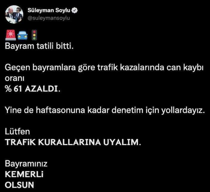 Süleyman Soylu: Trafik kazalarında can kaybı oranı yüzde 61 azaldı
