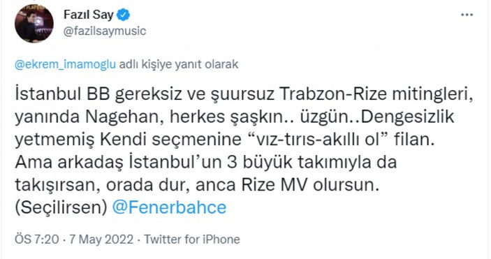 Fazıl Say'dan Ekrem İmamoğlu'na Fenerbahçe çıkışı
