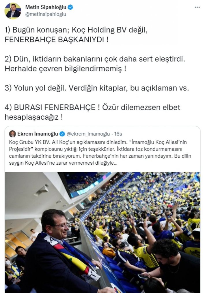 Fenerbahçe'den Ekrem İmamoğlu'na cevap: Sandıkta hesaplaşırız