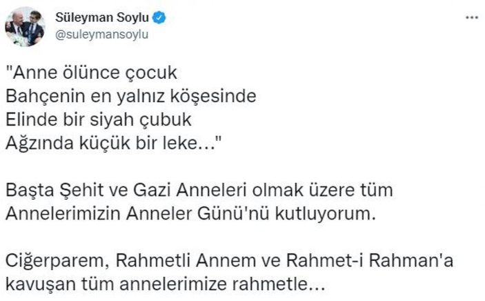 Süleyman Soylu'nun Anneler Günü paylaşımı