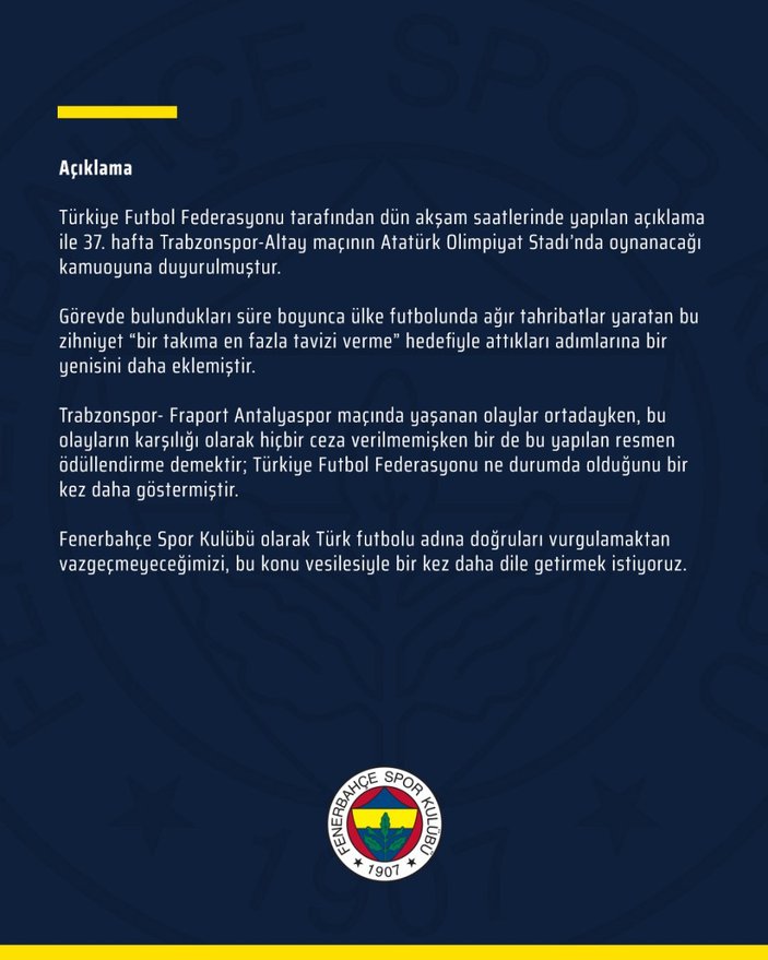 Fenerbahçe'den TFF'ye Trabzonspor tepkisi