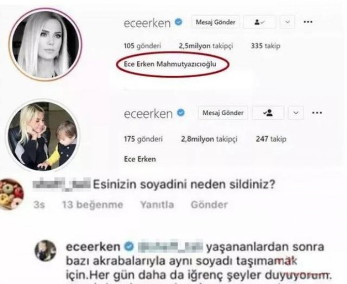 Ece Erken 'Mahmutyazıcıoğlu' soyadını hesabından sildi