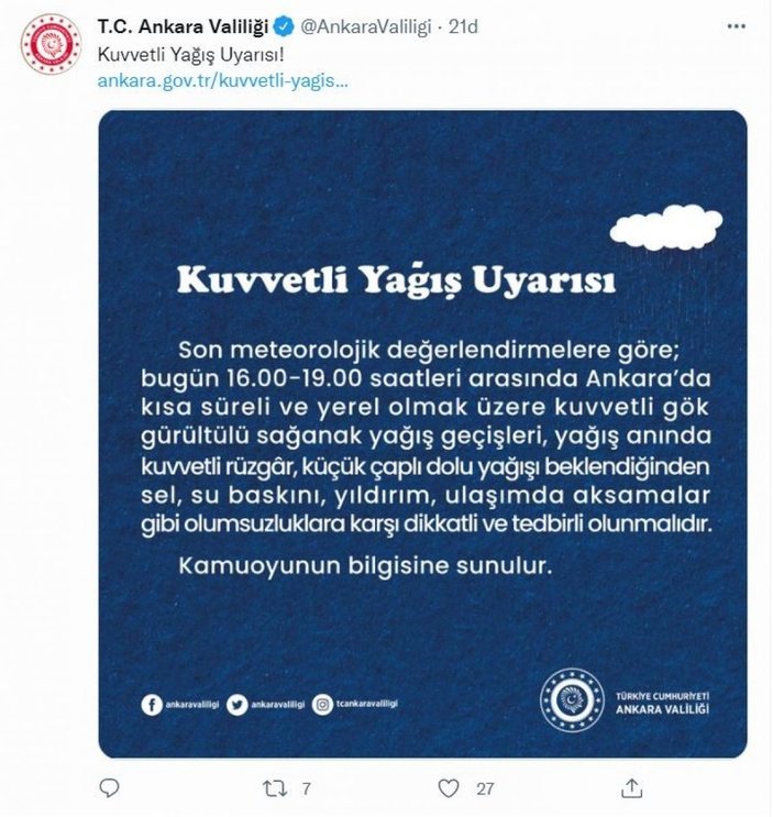 Ankara için sel ve su baskını uyarısı