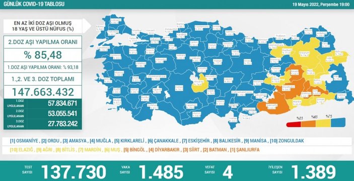 19 Mayıs Türkiye'de koronavirüs tablosu
