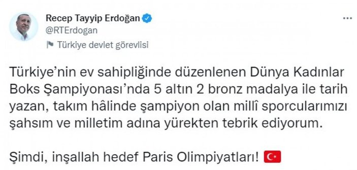 Cumhurbaşkanı Erdoğan'dan şampiyon kadın milli boksörlerimize tebrik
