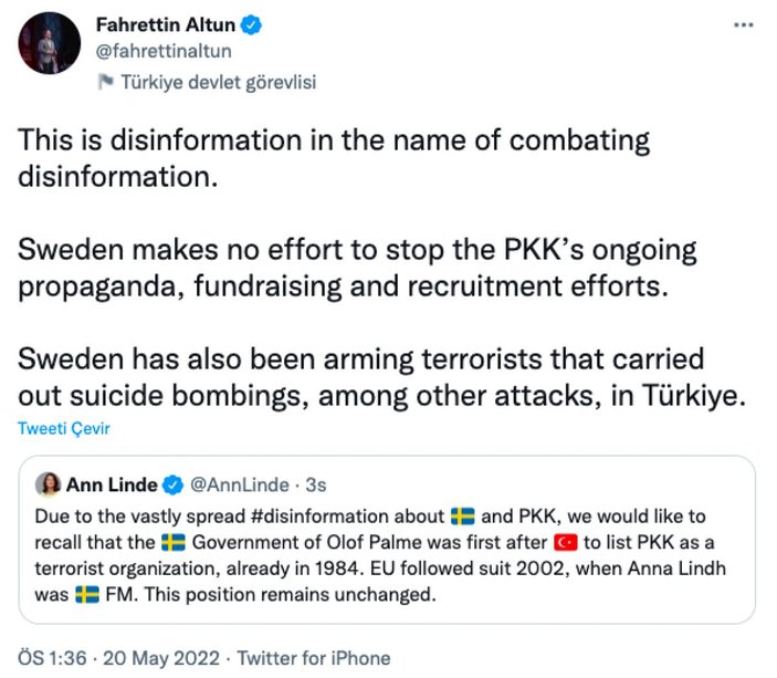 Fahrettin Altun'dan İsveç Dışişleri Bakanı'na PKK eleştirisi