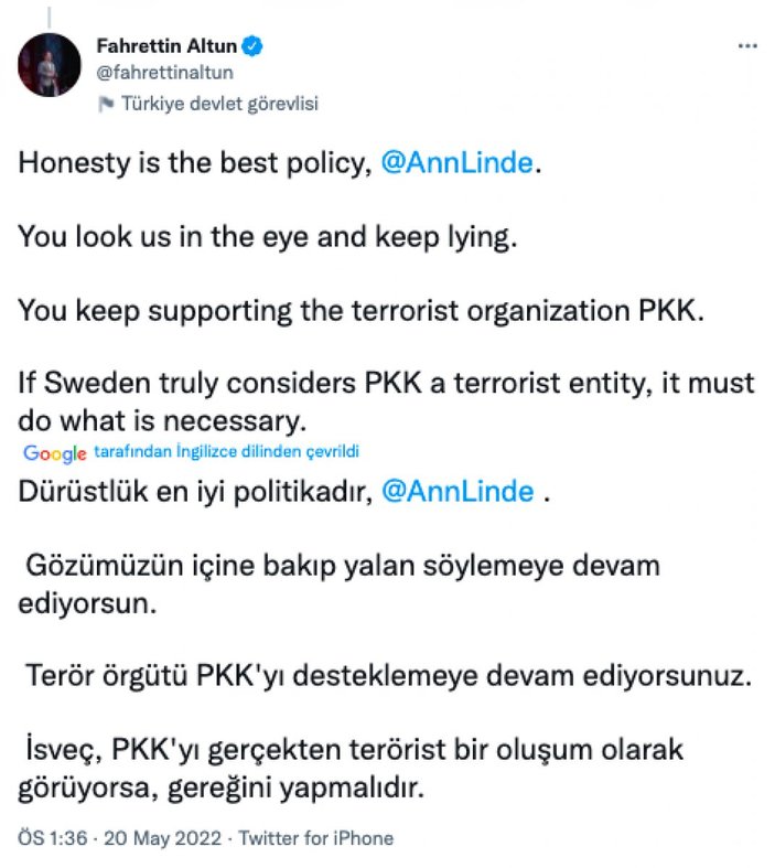 Fahrettin Altun'dan İsveç Dışişleri Bakanı'na PKK eleştirisi
