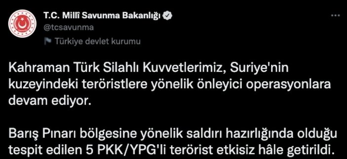 Barış Pınarı bölgesinde 5 terörist öldürüldü