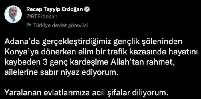 Cumhurbaşkanı Erdoğan'dan Niğde kazası paylaşımı