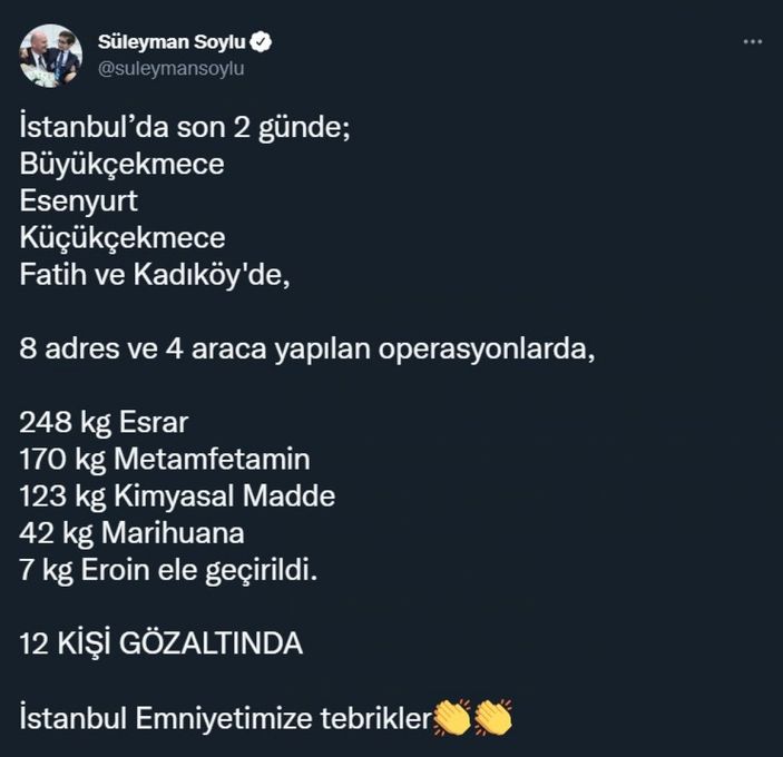 Süleyman Soylu: İstanbul'da uyuşturucu operasyonlarında 12 kişi gözaltına altındı