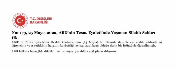 Dışişleri Bakanlığı'ndan ABD'ye taziye mesajı