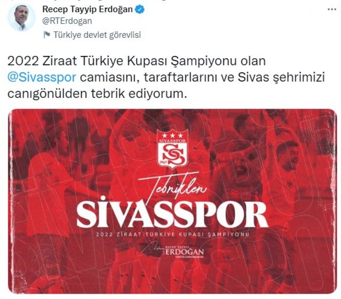 Cumhurbaşkanı Erdoğan'dan Sivasspor'a tebrik