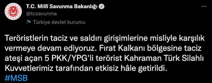 Fırat Kalkanı bölgesinde 5 terörist öldürüldü