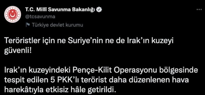 Pençe Kilit Operasyon bölgesinde 5 terörist öldürüldü