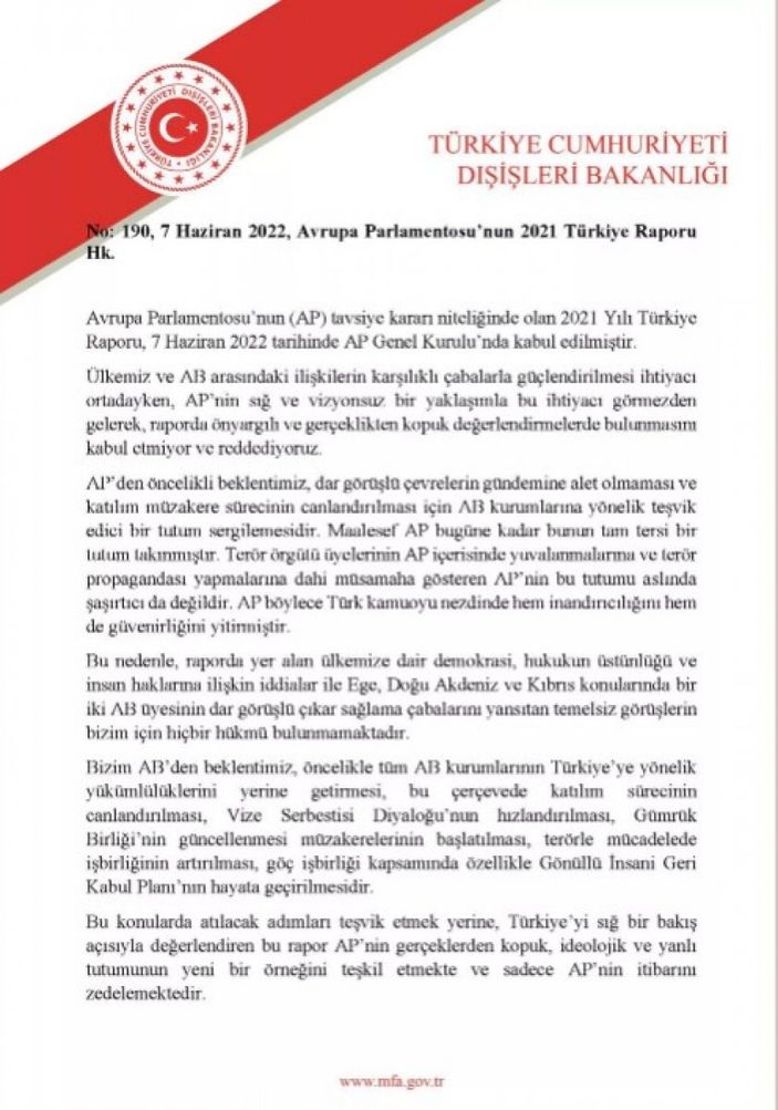 Dışişleri Bakanlığı'ndan AP'nin Türkiye raporuna sert tepki