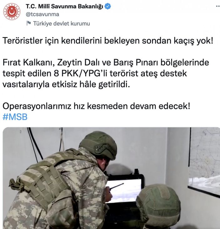 MSB: Üç bölgede 8 terörist öldürüldü