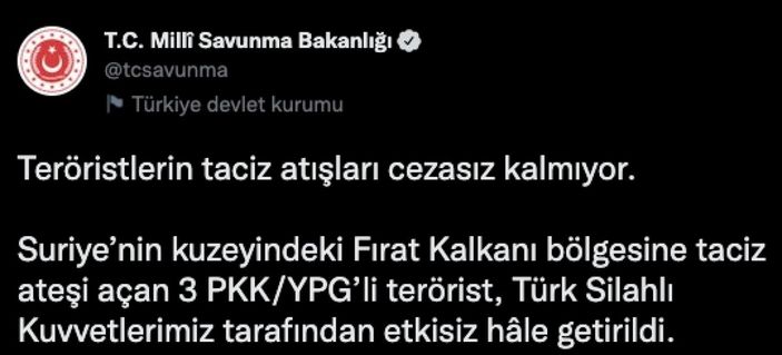 Fırat Kalkanı bölgesinde 3 terörist öldürüldü