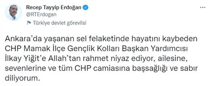 Cumhurbaşkanı Erdoğan'dan CHP'li İlkay Yiğit için taziye mesajı