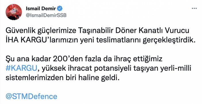 İsmail Demir, İHA KARGU'ların yeni teslimatını duyurdu