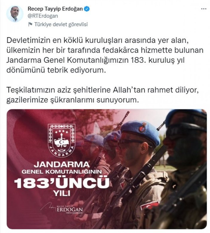 Cumhurbaşkanı Erdoğan'dan Jandarma Teşkilatının 183'üncü yıl dönümü paylaşımı