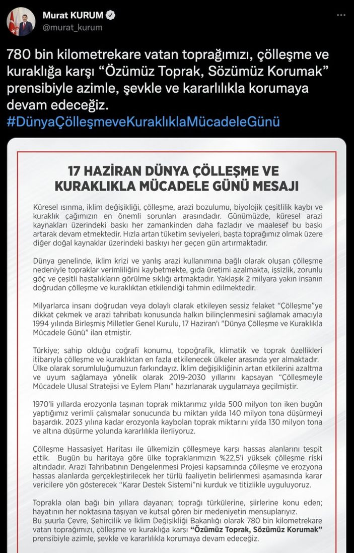 Murat Kurum'dan 'Dünya Çölleşme ve Kuraklık Günü' paylaşımı