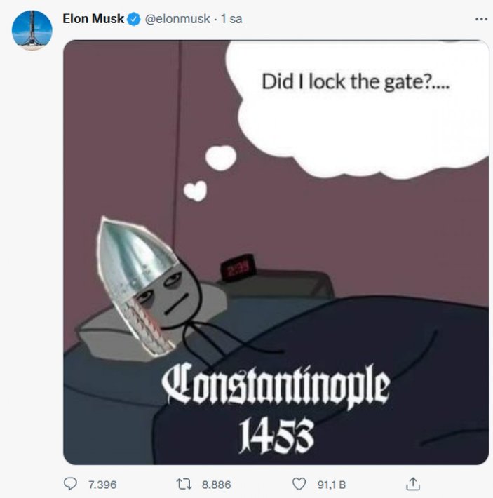 Elon Musk'tan 1453 paylaşımı