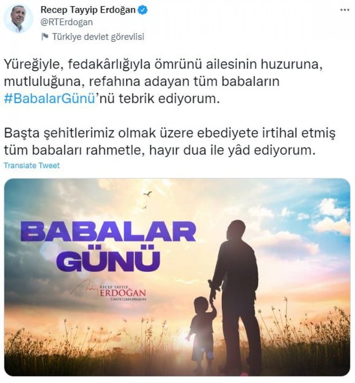 Cumhurbaşkanı Erdoğan'ın Babalar Günü paylaşımı