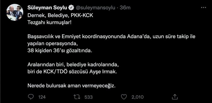 Süleyman Soylu: 36 PKK'lı gözaltına alındı