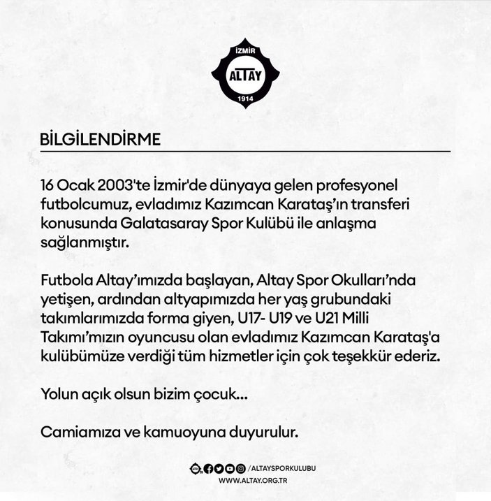 Galatasaray Kazımcan'ı KAP'a bildirdi