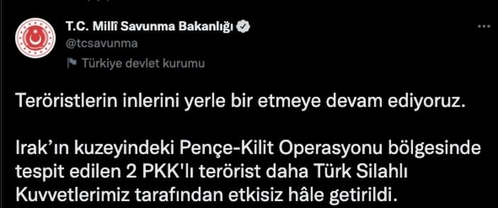Pençe Kilit bölgesinde 2 terörist öldürüldü