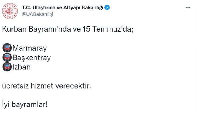 Marmaray, Başkentray ve İZBAN bayramda ücretsiz olacak