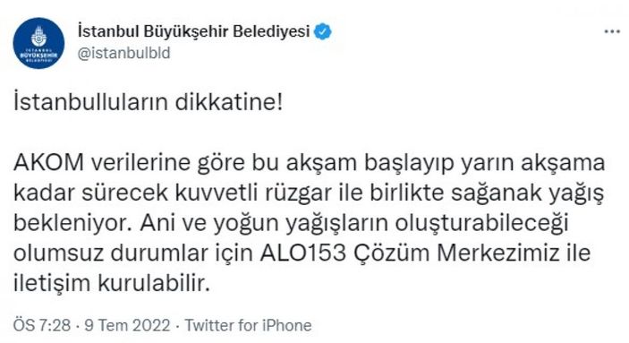 İstanbul'a sağanak yağış uyarısı