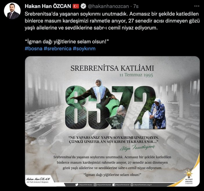 Hakan Han Özcan'dan Srebrenitsa paylaşımı: Unutmadık
